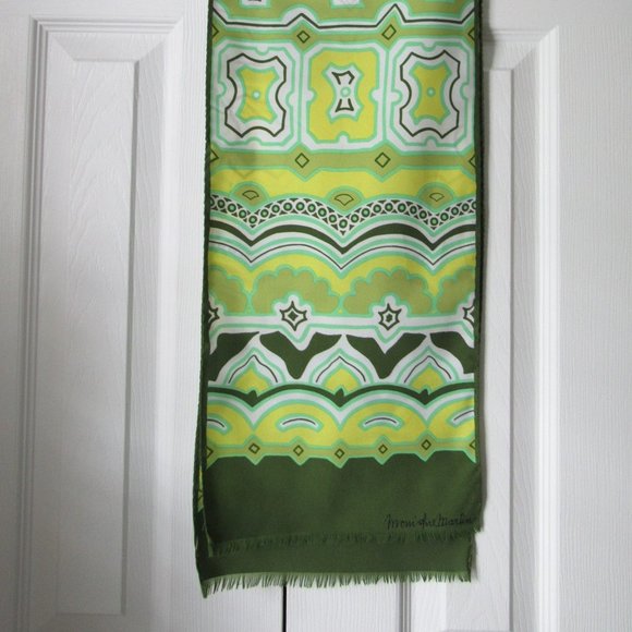 MONIQUE MARTIN Vintage Scarf African Style Tribal Design Green Yellow Fringe - Picture 5 of 5